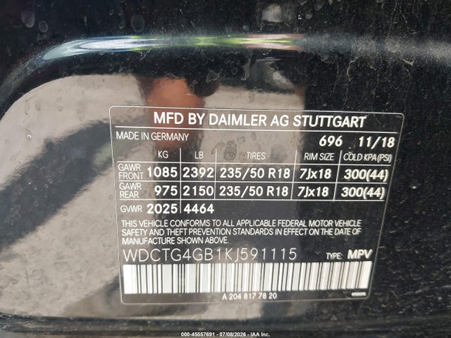 45557691 :رقم المزاد ، WDCTG4GB1KJ591115 vin ، 2019 Mercedes-benz Gla 250 4matic مزاد بيع