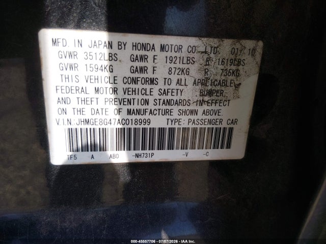 Продажа на аукционе авто 2010 Honda Fit Sport, vin: JHMGE8G47AC018999, номер лота: 45557706