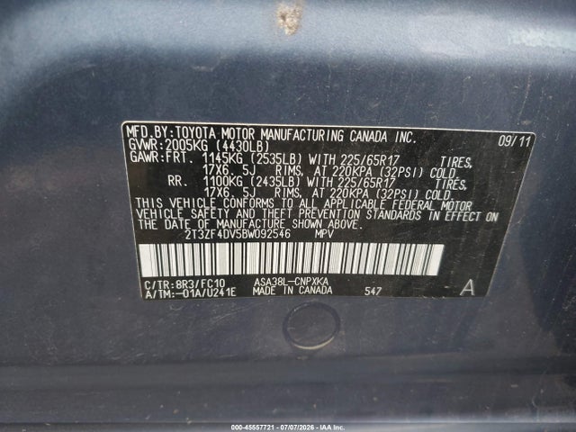 Aukcja sprzedaży 2011 Toyota Rav4, vin: 2T3ZF4DV5BW092546, numer aukcji: 45557721