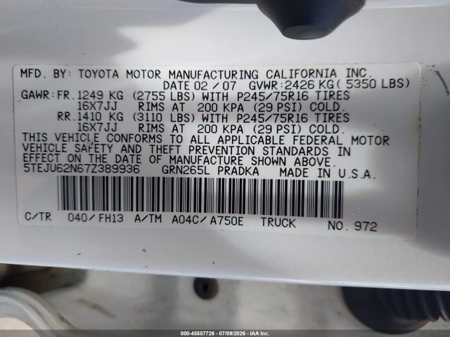 Продаж на аукціоні авто 2007 Toyota Tacoma Prerunner V6, vin: 5TEJU62N67Z389936, номер лоту: 45557726