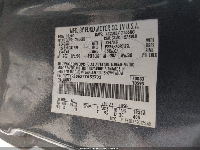 Продажа на аукционе авто 2001 Ford Ranger Edge, vin: 1FTYR10E31TA52703, номер лота: 45557741
