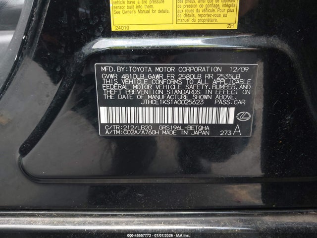 Aukcja sprzedaży 2010 Lexus Gs 350, vin: JTHCE1KS1A0025623, numer aukcji: 45557772