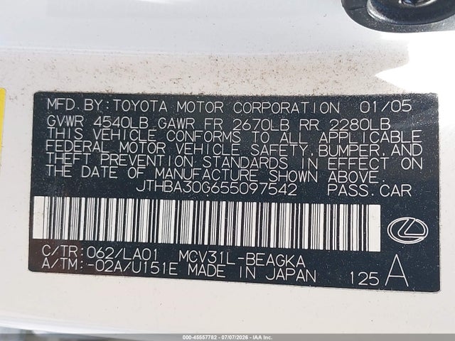 Aukcja sprzedaży 2005 Lexus Es 330, vin: JTHBA30G655097542, numer aukcji: 45557782