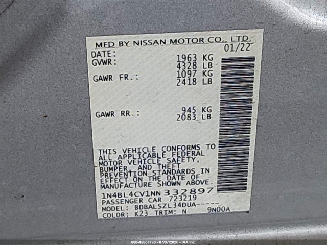 1N4BL4CV1NN332897 Nissan Altima Sr Fwd