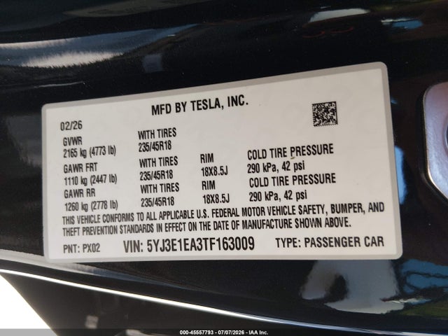 45557793 :رقم المزاد ، 5YJ3E1EA3TF163009 vin ، 2026 Tesla Model 3 Premium Rear-wheel Drive/rear-wheel Drive مزاد بيع