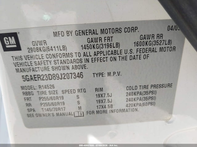 Aukcja sprzedaży 2009 Buick Enclave Cxl, vin: 5GAER23D89J207346, numer aukcji: 45557808