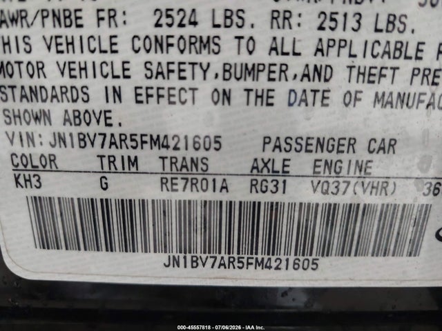 45557818 :رقم المزاد ، JN1BV7AR5FM421605 vin ، 2015 Infiniti Q50 Premium مزاد بيع