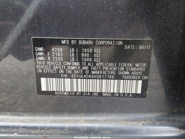 45557823 :رقم المزاد ، 4S3GKAD66H3617166 vin ، 2017 Subaru Impreza 2.0i Premium مزاد بيع