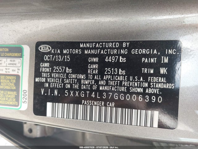2016 Kia Optima Lx მანქანა იყიდება აუქციონზე, vin: 5XXGT4L37GG006390, აუქციონის ნომერი: 45557829