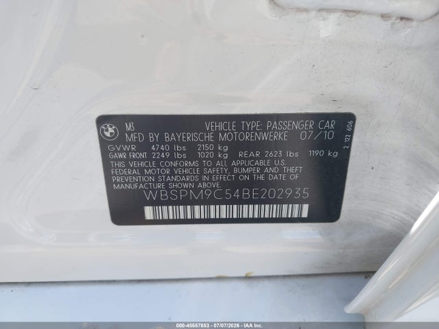 Продажа на аукционе авто 2011 Bmw M3, vin: WBSPM9C54BE202935, номер лота: 45557853