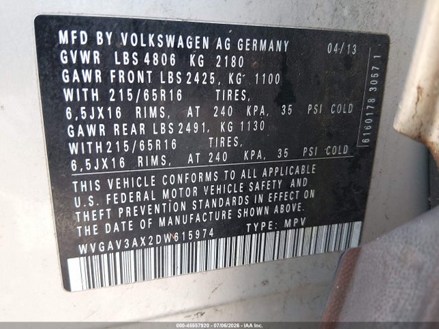 Продаж на аукціоні авто 2013 Volkswagen Tiguan S, vin: WVGAV3AX2DW615974, номер лоту: 45557920