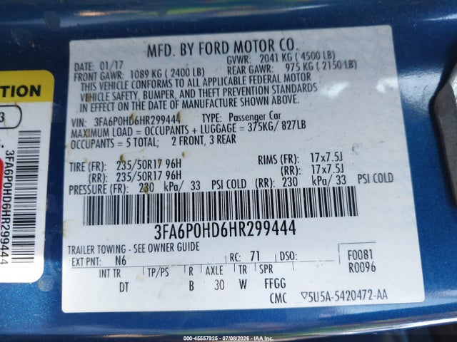 Ford FUSION SE 2017 3FA6P0HD6HR299444 Image 9
