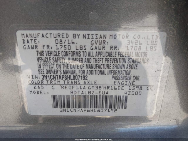 3N1CN7AP8HL807192 Nissan Versa 1.6 Sv