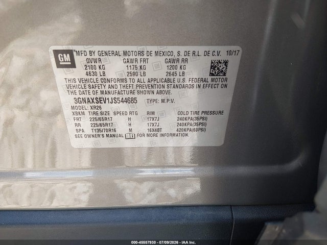 45557930 :رقم المزاد ، 3GNAXSEV1JS544685 vin ، 2018 Chevrolet Equinox Lt مزاد بيع