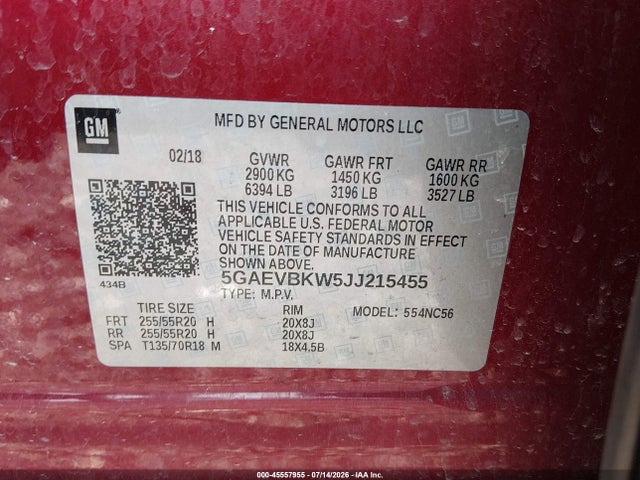 Aukcja sprzedaży 2018 Buick Enclave Premium, vin: 5GAEVBKW5JJ215455, numer aukcji: 45557955