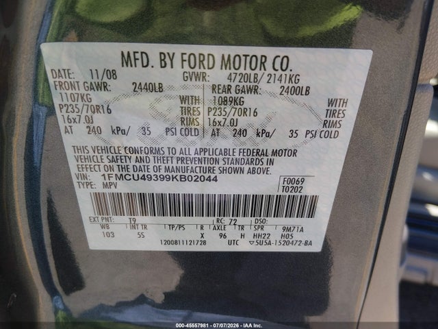 2009 Ford Escape Hybrid Limited მანქანა იყიდება აუქციონზე, vin: 1FMCU49399KB02044, აუქციონის ნომერი: 45557981
