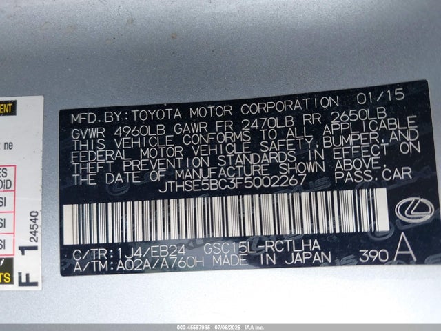 45557985 :رقم المزاد ، JTHSE5BC3F5002267 vin ، 2015 Lexus Rc 350 مزاد بيع