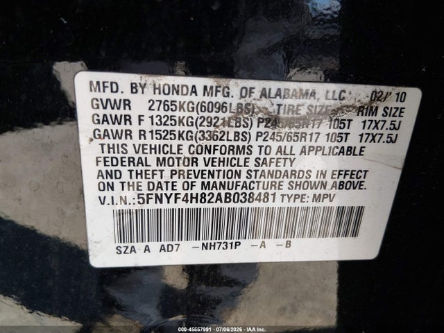 45557991 :رقم المزاد ، 5FNYF4H82AB038481 vin ، 2010 Honda Pilot Touring مزاد بيع
