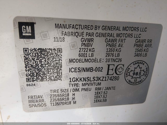 Продаж на аукціоні авто 2019 Gmc Acadia Sle-2, vin: 1GKKNSLS3KZ174280, номер лоту: 45558005