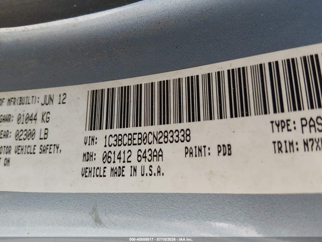 45558017 :رقم المزاد ، 1C3BCBEB0CN283338 vin ، 2012 Chrysler 200 Touring مزاد بيع