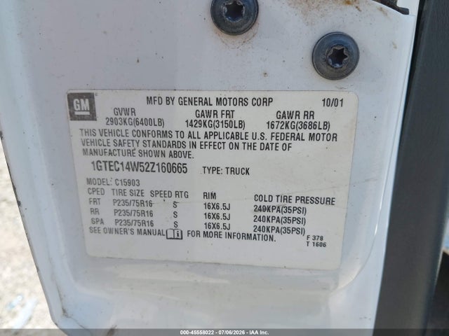 45558022 :رقم المزاد ، 1GTEC14W52Z160665 vin ، 2002 Gmc Sierra 1500 Standard مزاد بيع