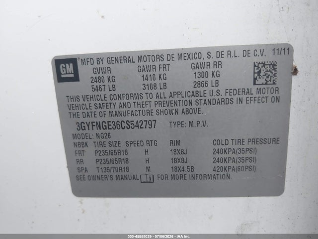 Aukcja sprzedaży 2012 Cadillac Srx Standard, vin: 3GYFNGE36CS542797, numer aukcji: 45558029