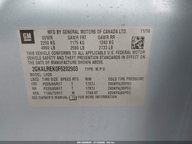 GMC Terrain Sle-2 2015 2GKALREK0F6202903 Image 9