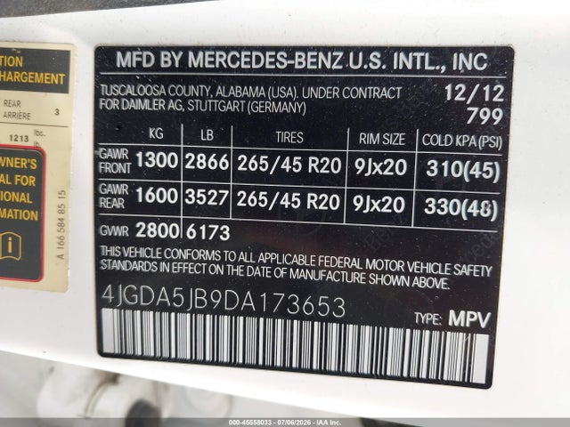 45558033 :رقم المزاد ، 4JGDA5JB9DA173653 vin ، 2013 Mercedes-benz Ml 350 مزاد بيع