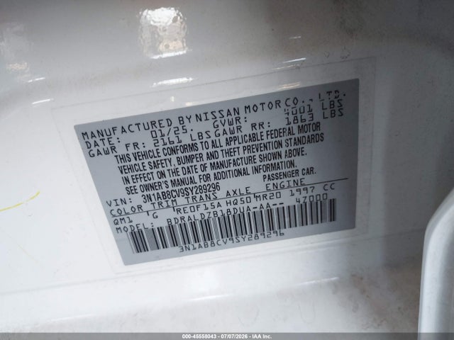 3N1AB8CV9SY289296 Nissan SENTRA SV