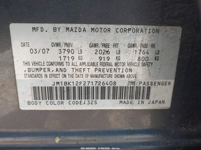 45558050 :رقم المزاد ، JM1BK12F271726408 vin ، 2007 Mazda Mazda3 مزاد بيع