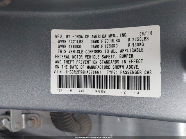 2017 Honda Accord Sport მანქანა იყიდება აუქციონზე, vin: 1HGCR2F56HA070661, აუქციონის ნომერი: 45558058