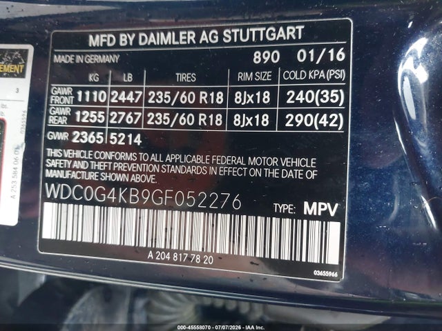 Aukcja sprzedaży 2016 Mercedes-benz Glc 300 4matic, vin: WDC0G4KB9GF052276, numer aukcji: 45558070