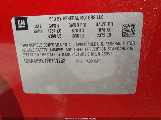 2015 Cadillac Ats Standard მანქანა იყიდება აუქციონზე, vin: 1G6AA5RX7F0111753, აუქციონის ნომერი: 45558116