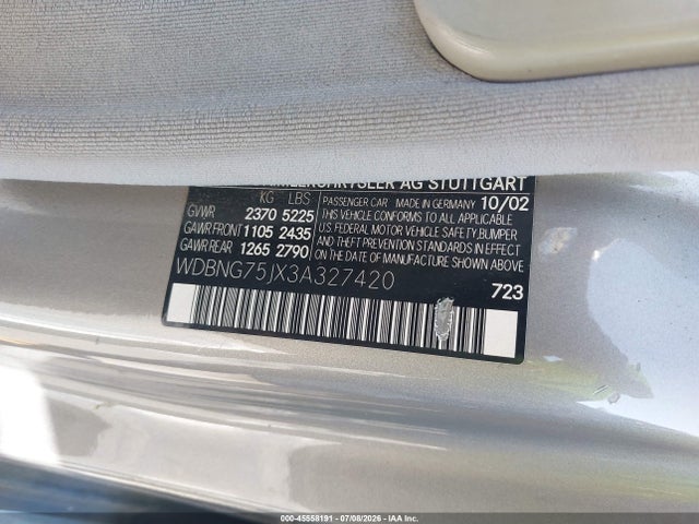Продаж на аукціоні авто 2003 Mercedes-benz S 500, vin: WDBNG75JX3A327420, номер лоту: 45558191