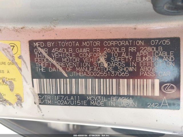 Продажа на аукционе авто 2005 Lexus Es 330, vin: JTHBA30G255137065, номер лота: 45558194