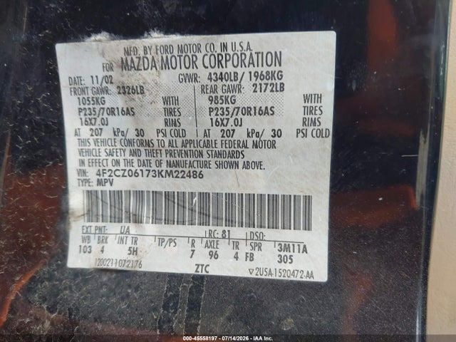 Продаж на аукціоні авто 2003 Mazda Tribute Es V6, vin: 4F2CZ06173KM22486, номер лоту: 45558197
