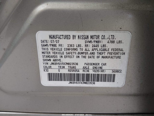 Aukcja sprzedaży 2007 Infiniti G35x, vin: JNKBV61FX7M823536, numer aukcji: 45558263