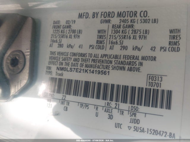 Aukcja sprzedaży 2019 Ford Transit Connect Xl, vin: NM0LS7E21K1419561, numer aukcji: 45558285
