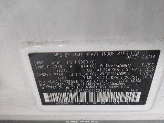 45558291 :رقم المزاد ، 4S4BRCNC4E3296239 vin ، 2014 Subaru Outback 2.5i Limited مزاد بيع