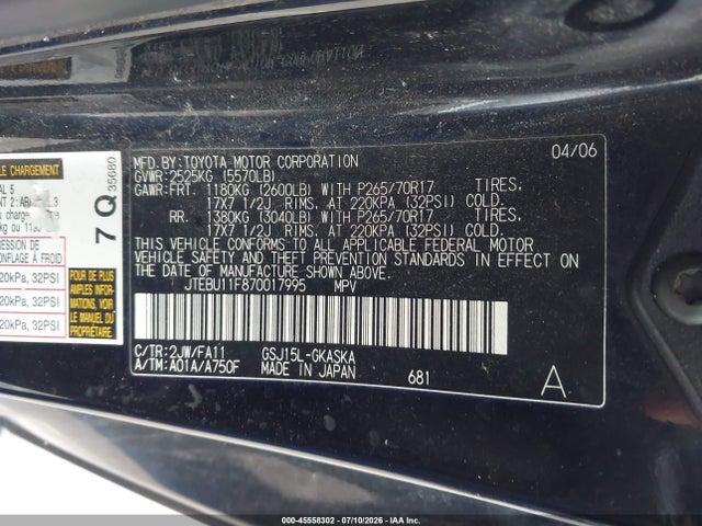 45558302 :رقم المزاد ، JTEBU11F870017995 vin ، 2007 Toyota Fj Cruiser مزاد بيع