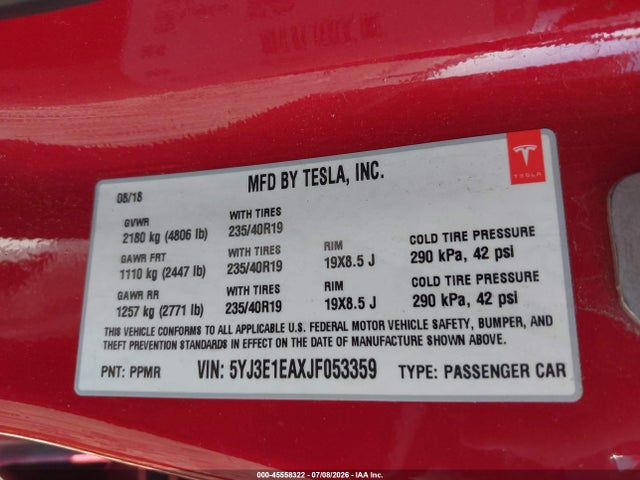 Tesla Model 3 Long Range/mid Range 2018 5YJ3E1EAXJF053359 Image 9