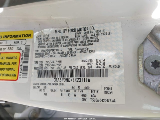 45558334 :رقم المزاد ، 3FA6P0HD7ER231116 vin ، 2014 Ford Fusion Se مزاد بيع