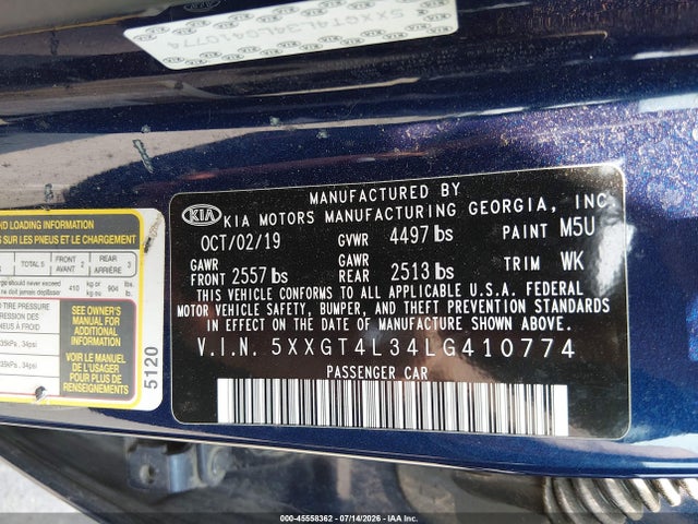 2020 Kia Optima Lx მანქანა იყიდება აუქციონზე, vin: 5XXGT4L34LG410774, აუქციონის ნომერი: 45558362