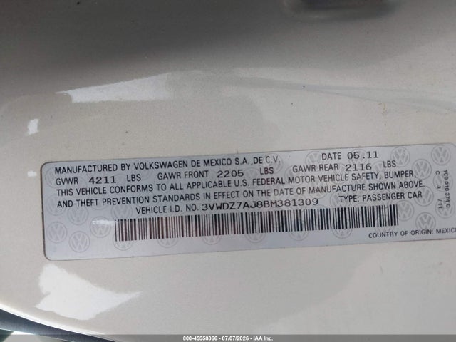 Aukcja sprzedaży 2011 Volkswagen Jetta 2.5l Se, vin: 3VWDZ7AJ8BM381309, numer aukcji: 45558366