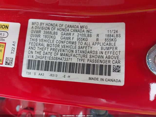 45558383 :رقم المزاد ، 2HGFE1E50SH473371 vin ، 2025 Honda Civic Si Base W/high Performance Summer Tires/ مزاد بيع