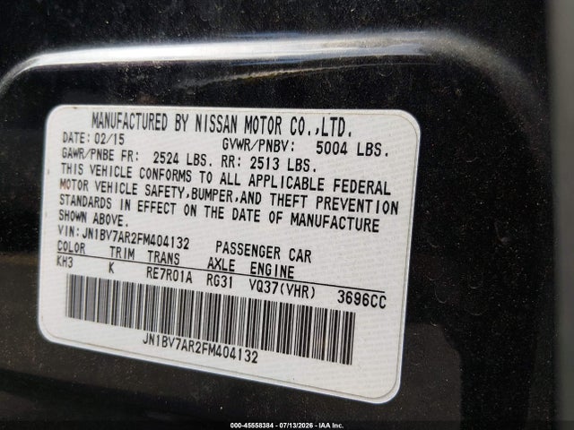 45558384 :رقم المزاد ، JN1BV7AR2FM404132 vin ، 2015 Infiniti Q50 مزاد بيع
