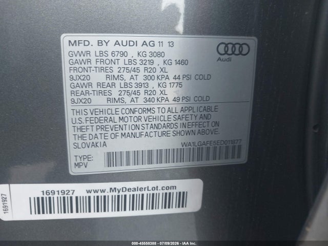 Продажа на аукционе авто 2014 Audi Q7 3.0t Premium, vin: WA1LGAFE5ED011877, номер лота: 45558388