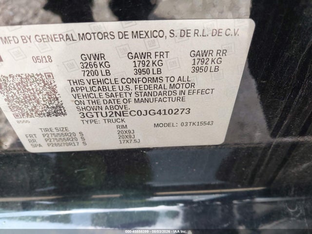 Продажа на аукционе авто 2018 Gmc Sierra 1500 Slt, vin: 3GTU2NEC0JG410273, номер лота: 45558399