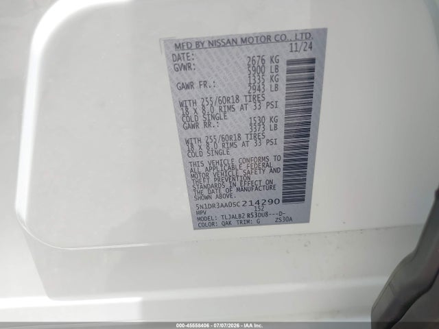 Aukcja sprzedaży 2025 Nissan Pathfinder S Fwd, vin: 5N1DR3AA0SC214290, numer aukcji: 45558406