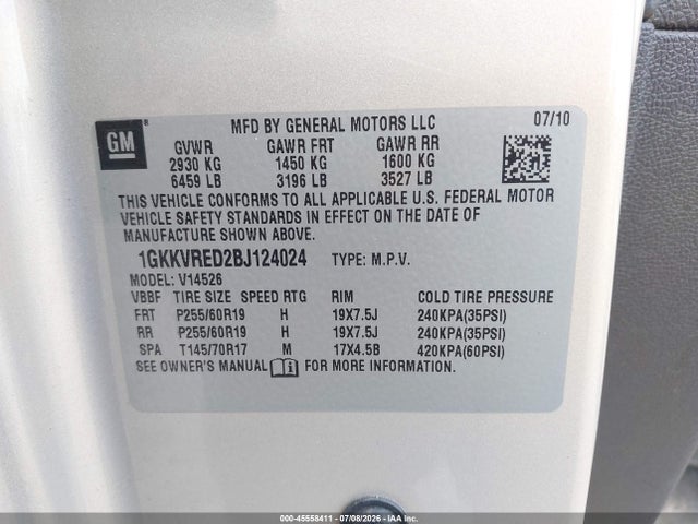 2011 Gmc Acadia Slt-1 მანქანა იყიდება აუქციონზე, vin: 1GKKVRED2BJ124024, აუქციონის ნომერი: 45558411